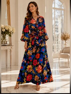 New One Fine Day Black Floral Wrap Maxi Dress with Vibrant Blooms size 10